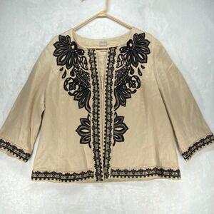 Chico's‎ Embroidered Linen Jacket Open Front Beige Black Size 3 (16/18)